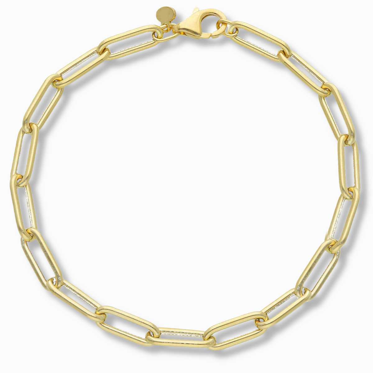 Paperclip armband 5 mm 14k goud, productfoto in lus, sluiting bovenaan