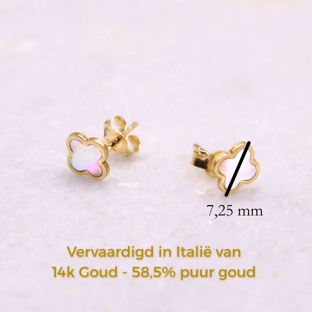 Klaver oorstekers parelmoer 14k goud, specificaties en maatvoering, vervaardigd in Italië van 14k goud