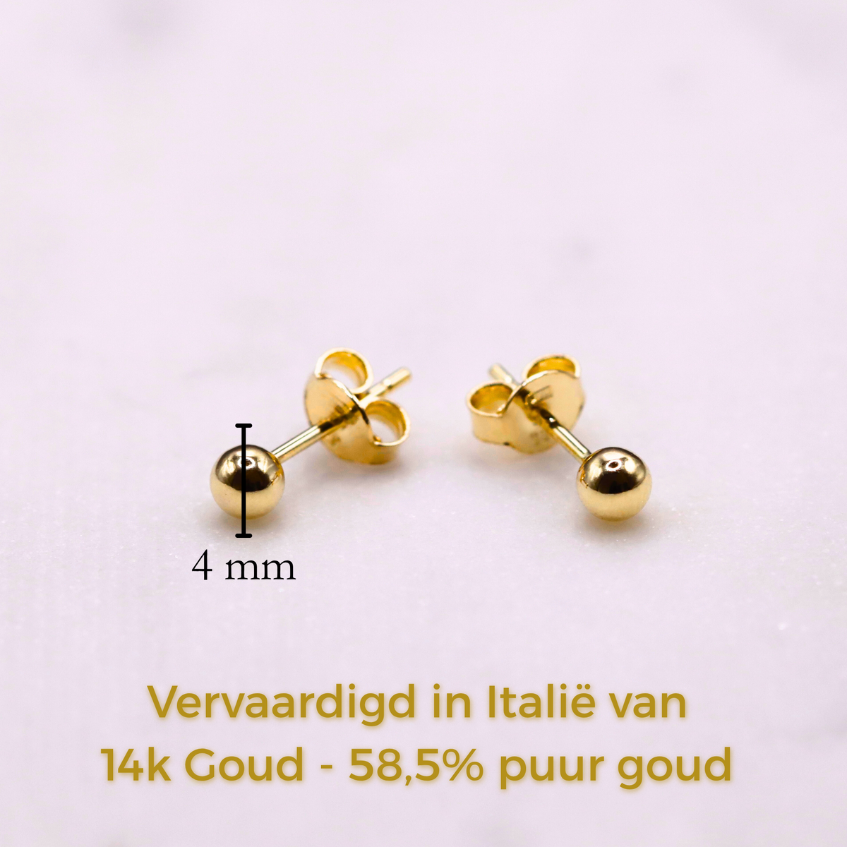 Bol oorstekers 4 mm 14k goud, specificaties en maatvoering, vervaardigd in Italië van 14k goud
