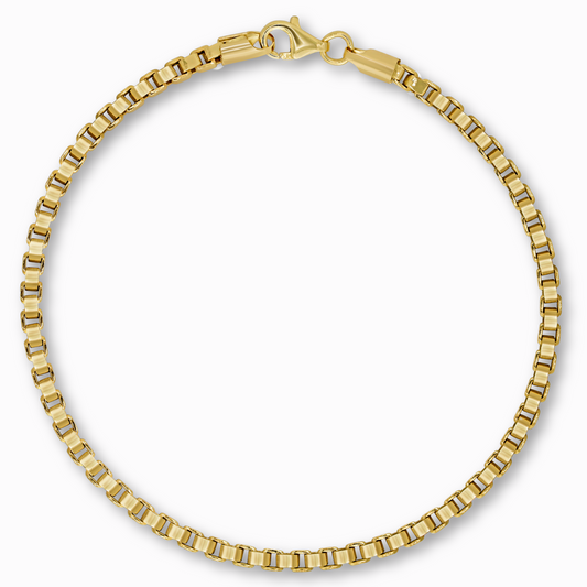 Box schakelarmband 2,75 mm 14k goud, productfoto in lus, sluiting bovenaan