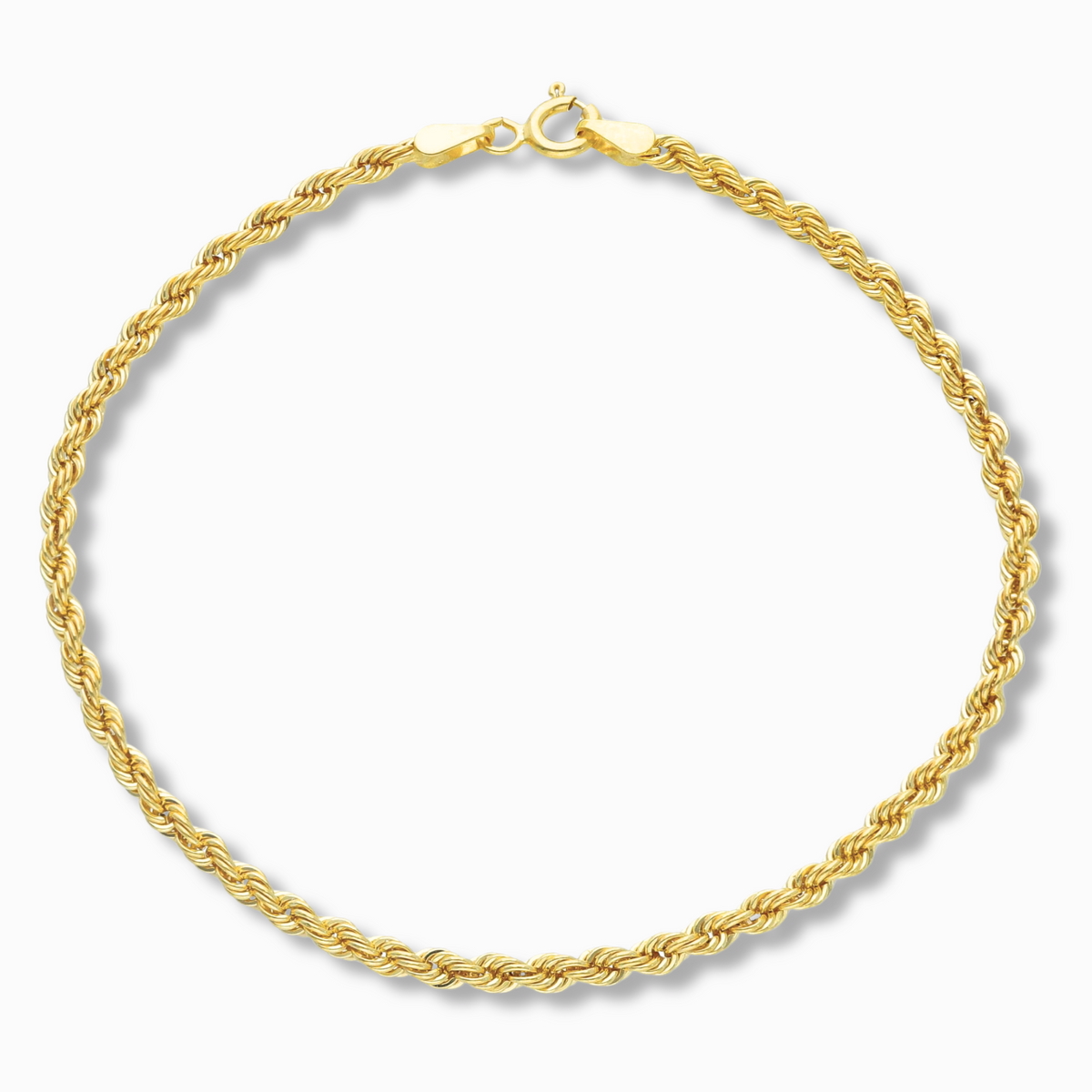 Rope armband 2,75 mm 14k goud, productfoto in lus, sluiting bovenaan