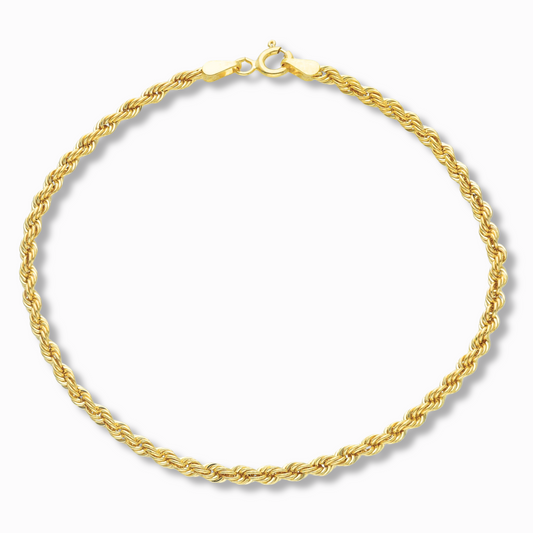Rope armband 2,75 mm 14k goud, productfoto in lus, sluiting bovenaan