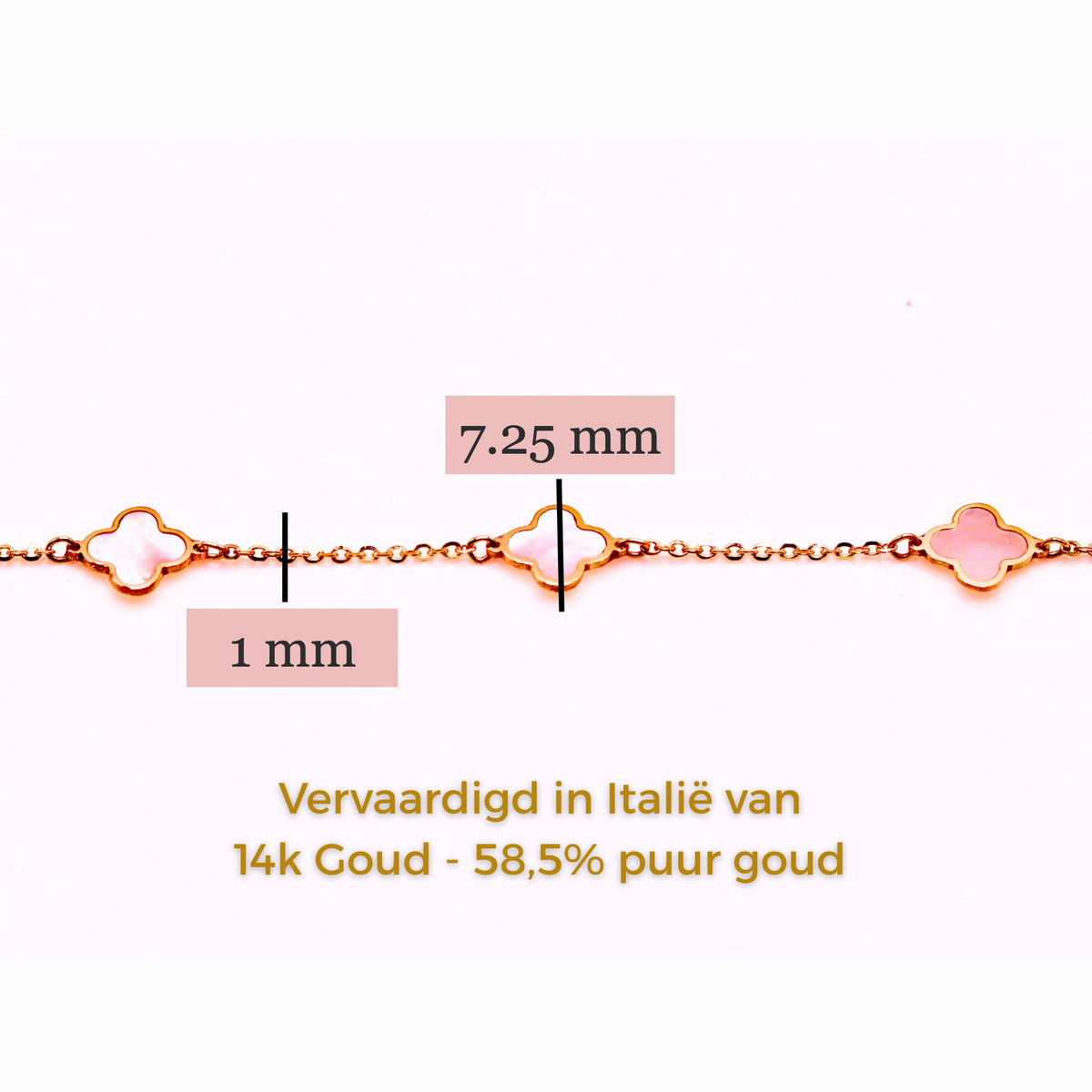 Klaver armband parelmoer detail 1 mm 14k goud, specificaties en maatvoering, vervaardigd in Italië van 14k goud