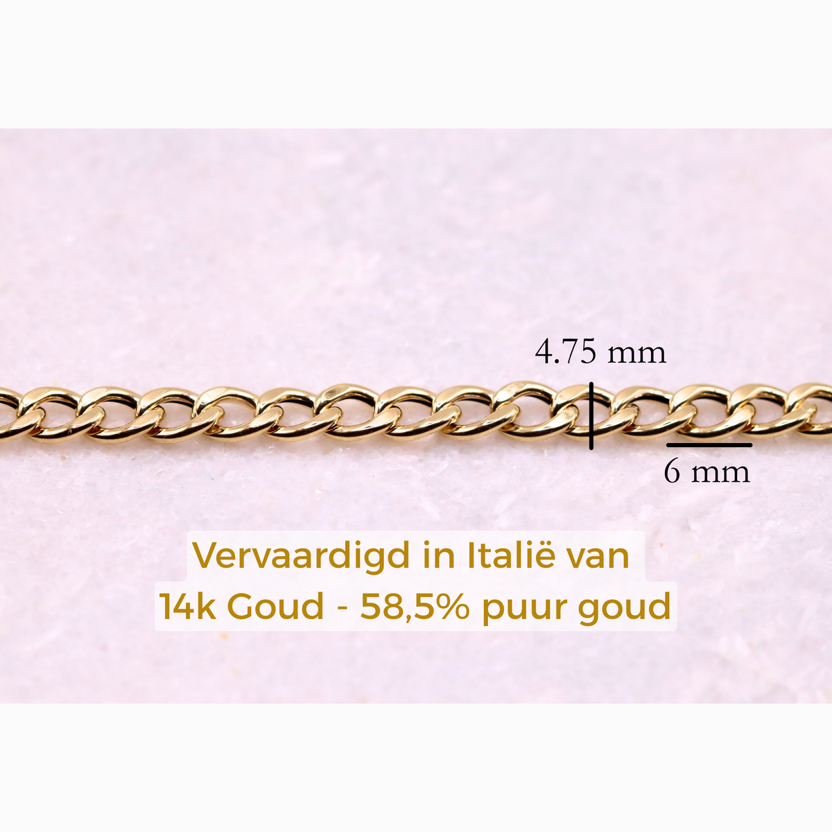 Gourmet armband 4,75 mm 14k goud, specificaties en maatvoering, vervaardigd in Italië van 14k goud
