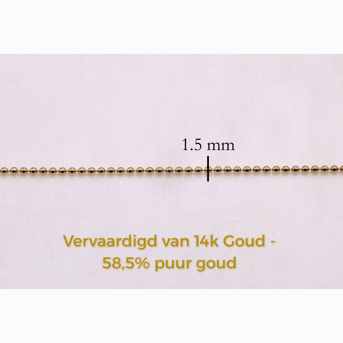 Bolletjesketting 1,5 mm 14k goud, specificaties en maatvoering, vervaardigd van 14k goud