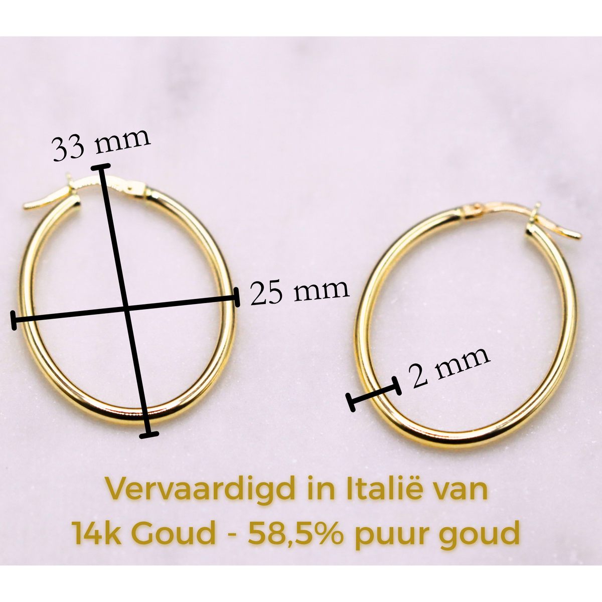 Ovale creolen 33 mm 14k goud, specificaties en maatvoering, vervaardigd in Italië van 14k goud