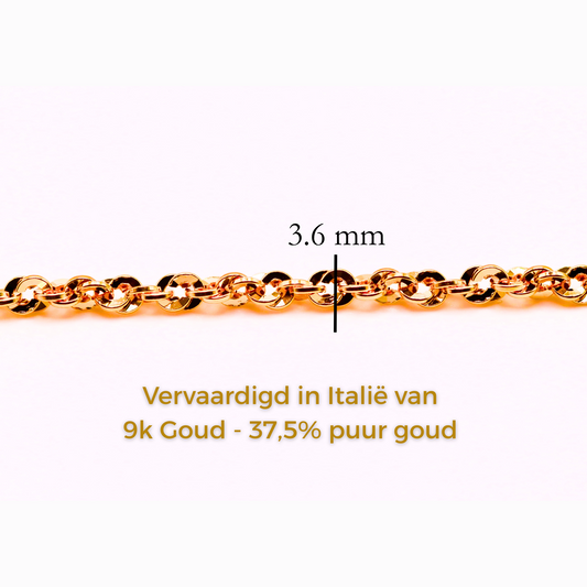 Twist Schakelarmband 3,75 mm 9k goud, specificaties en maatvoering, vervaardigd in Italië van 9k goud