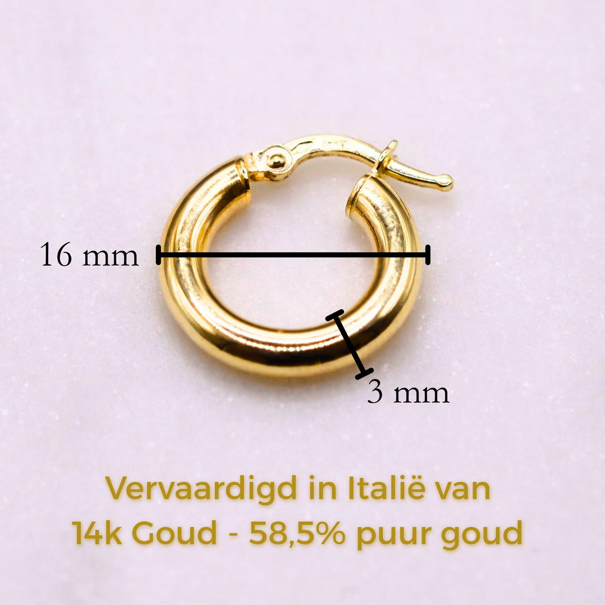 Gladde creolen 16 mm 14k goud, specificaties en maatvoering, vervaardigd in Italië van 14k goud