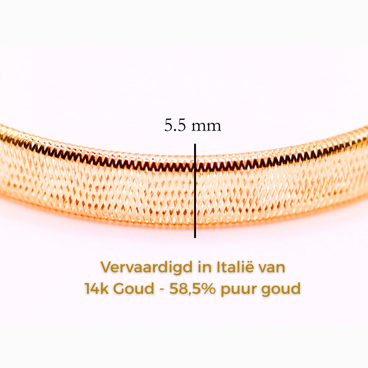 Geweven stretch armband 5,5 mm 14k goud, specificaties en maatvoering, vervaardigd in Italië van 14k goud