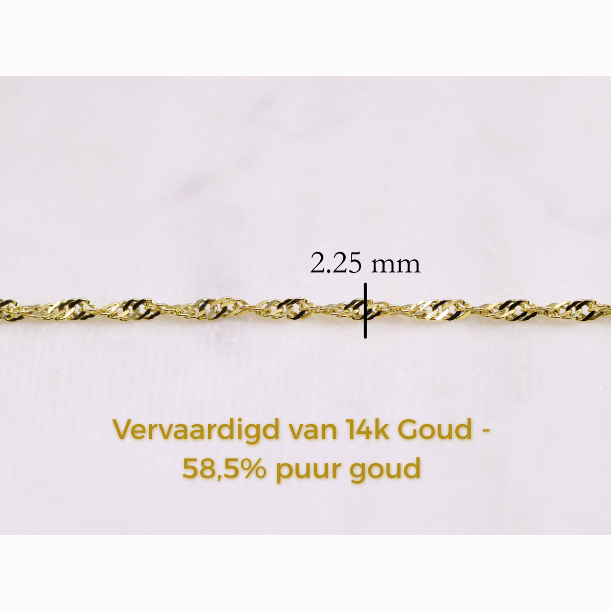Twist ketting 2,25 mm 14k goud, specificaties en maatvoering, vervaardigd van 14k goud