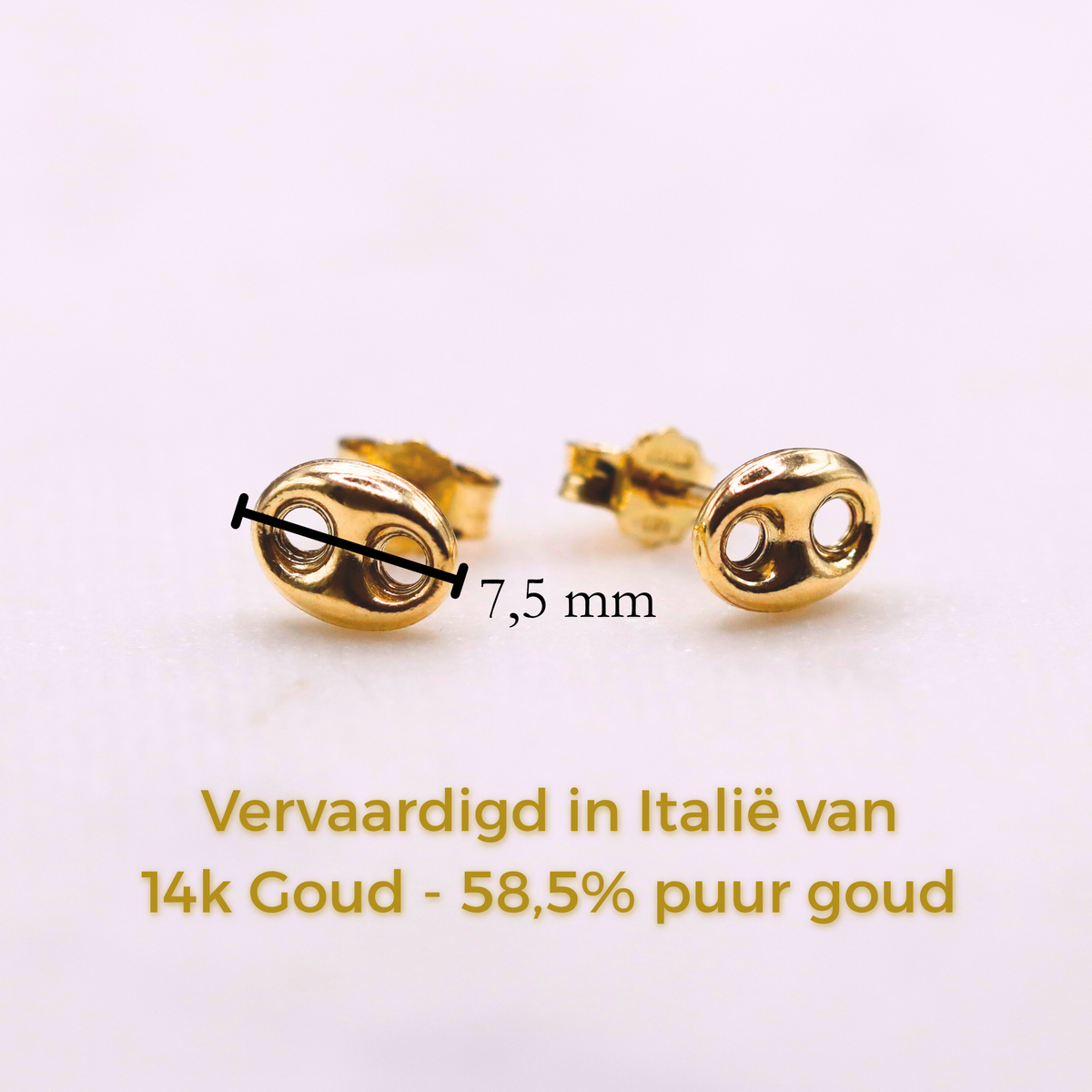 Koffieboon oorsteker 14k goud, specificaties en maatvoering, vervaardigd in Italië van 14k goud