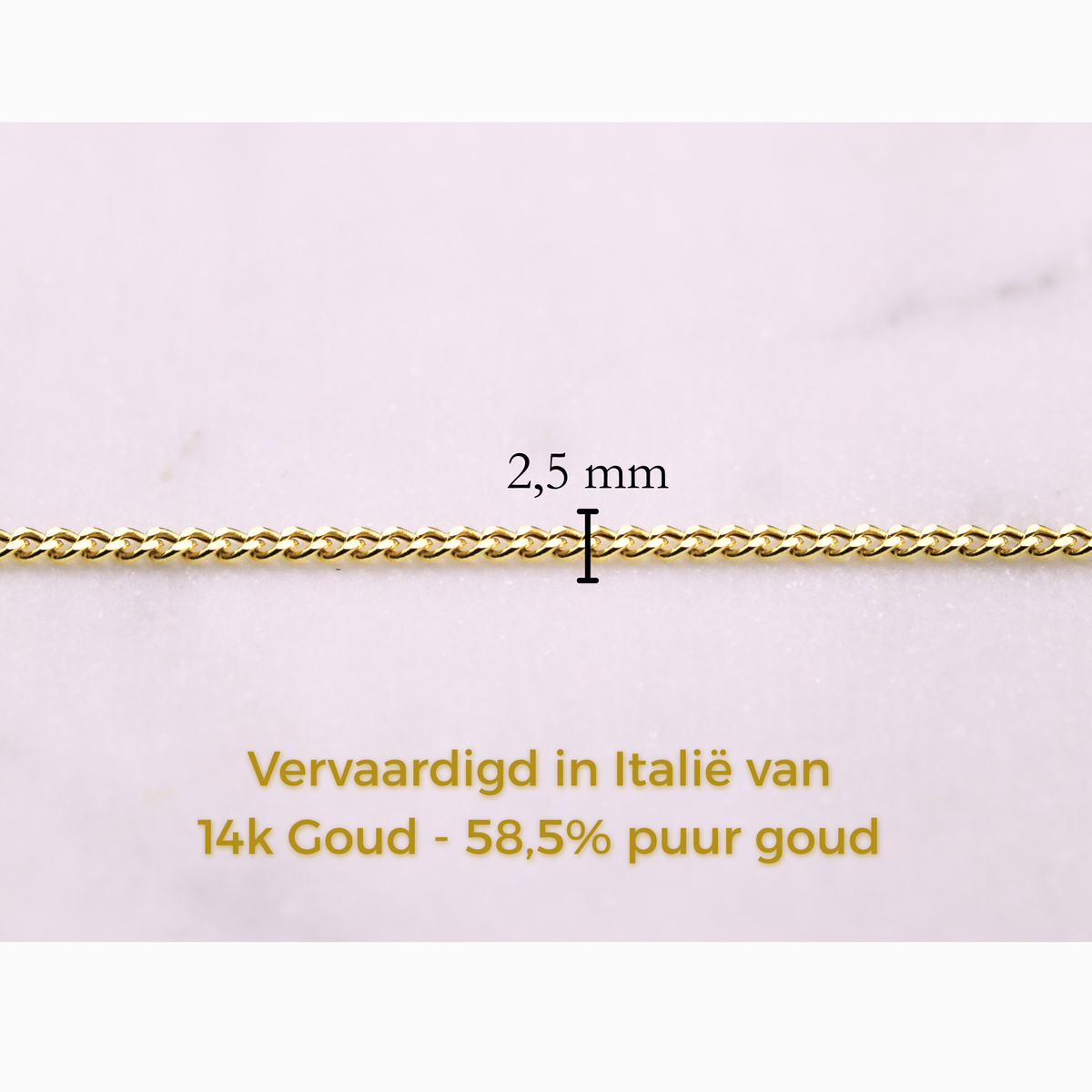 Gourmet ketting 2,5 mm 14k goud, specificaties en maatvoering, vervaardigd van 14k goud