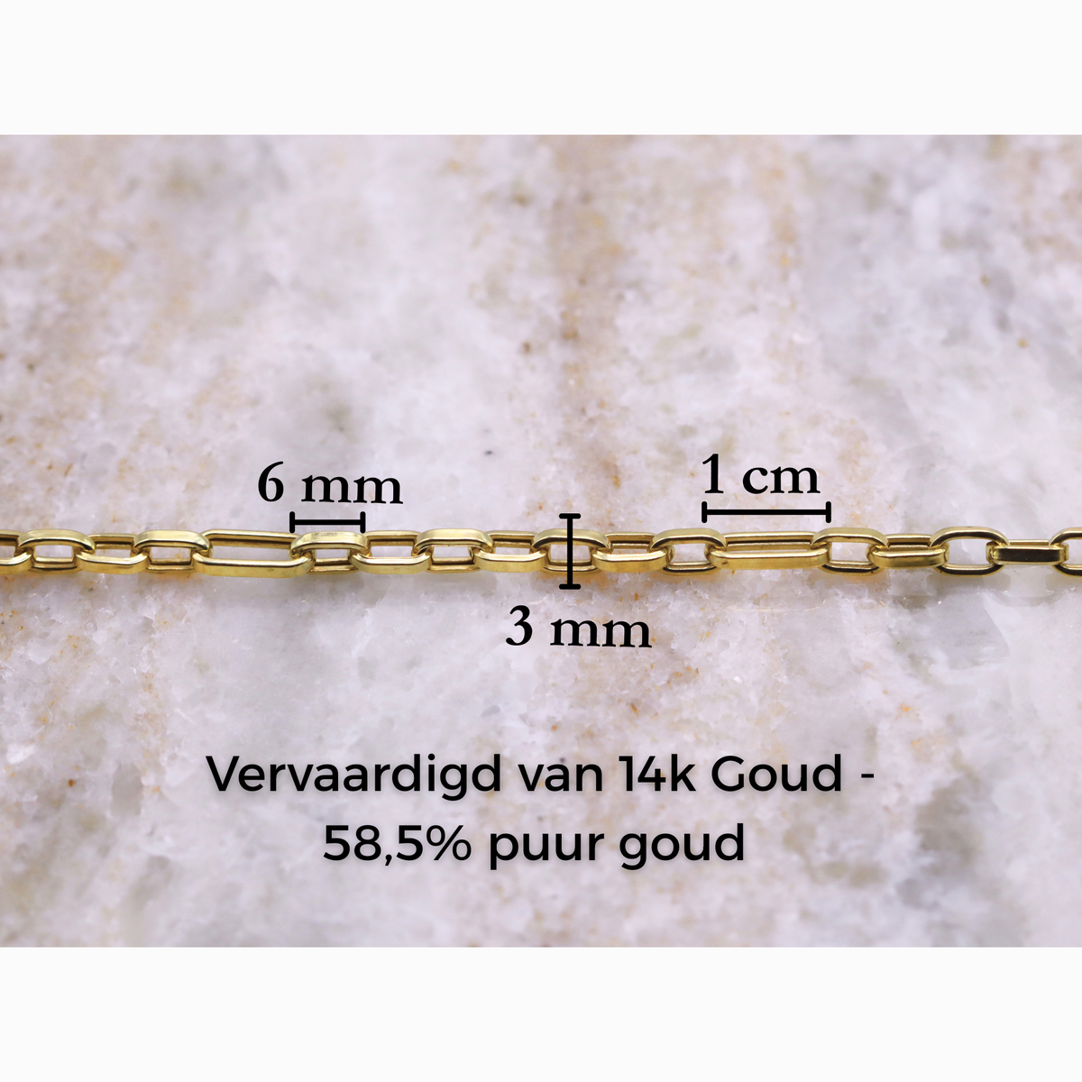 Anker schakelarmband 3 mm 14k goud, specificaties en maatvoering, vervaardigd van 14k goud