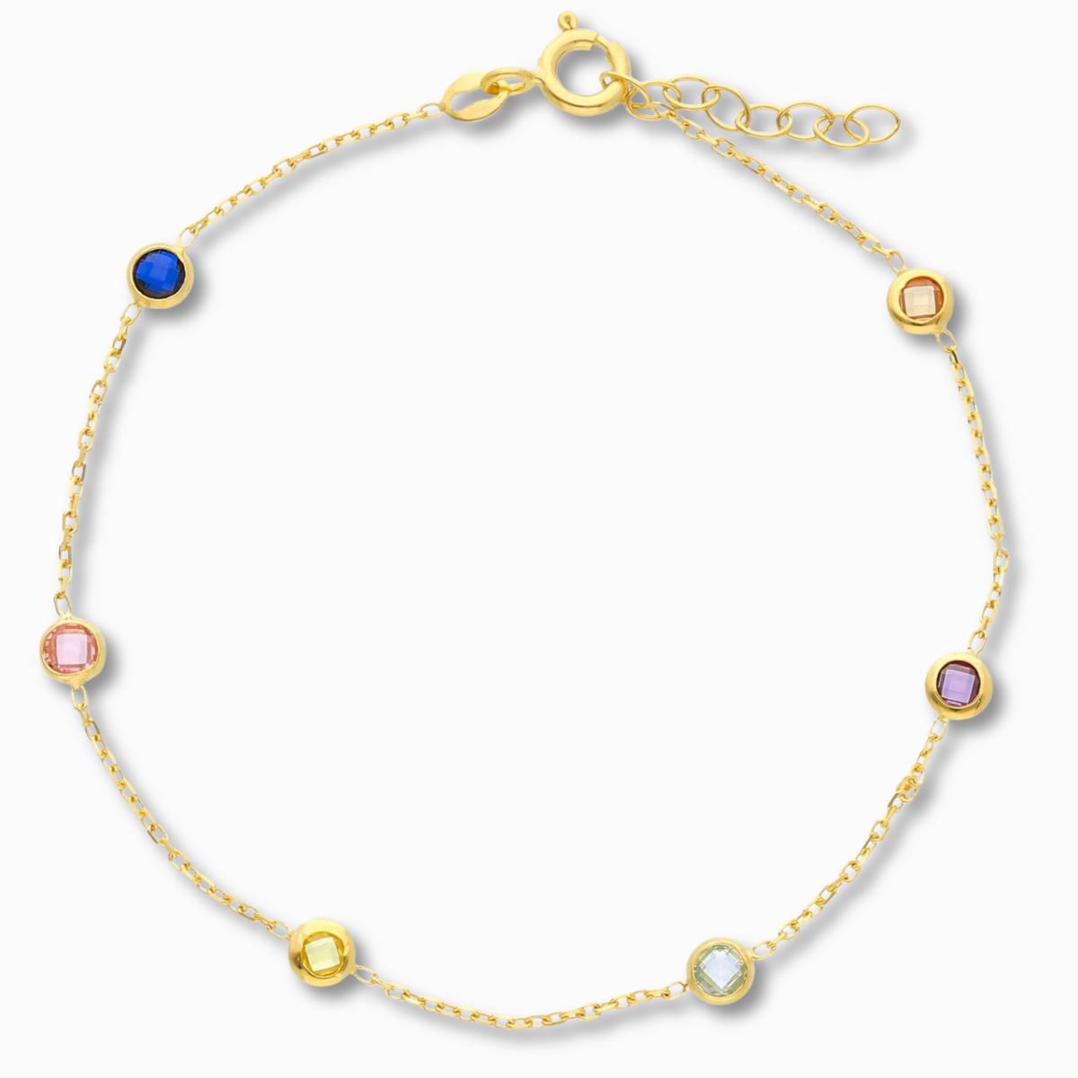 Multicolor armband kristallen 1 mm 14k goud, productfoto in lus, sluiting bovenaan