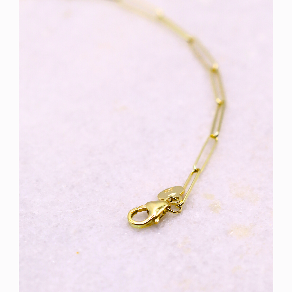 Paperclip armband 2,75 mm 14k goud, detail van de karabijnsluiting