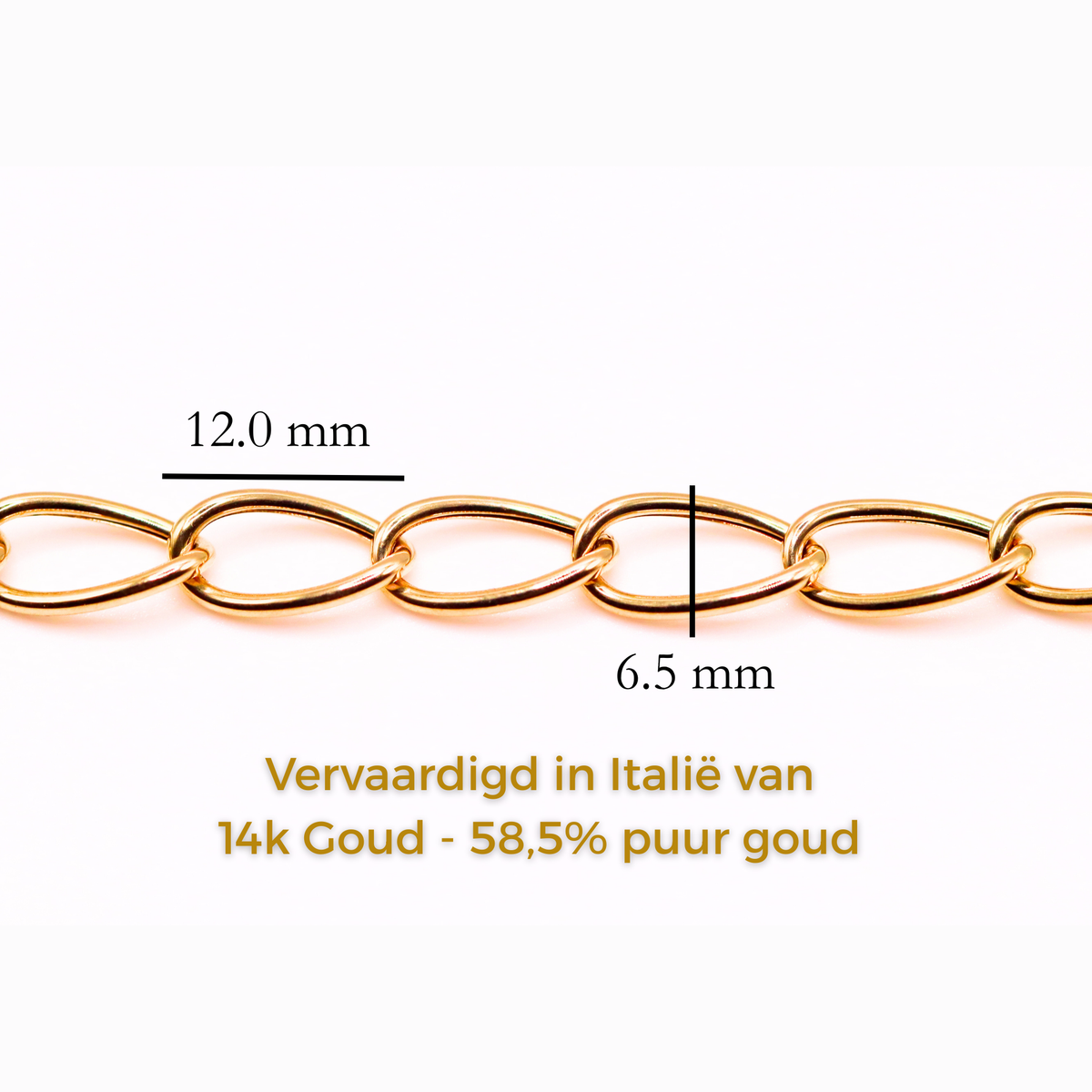 Ovale schakelarmband 6,5 mm 14k goud, specificaties en maatvoering, vervaardigd in Italië van 14k goud