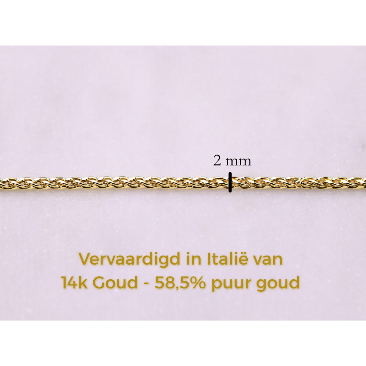 Vossenstaart ketting 2 mm 14k goud, specificaties en maatvoering, vervaardigd in Italië van 14k goud