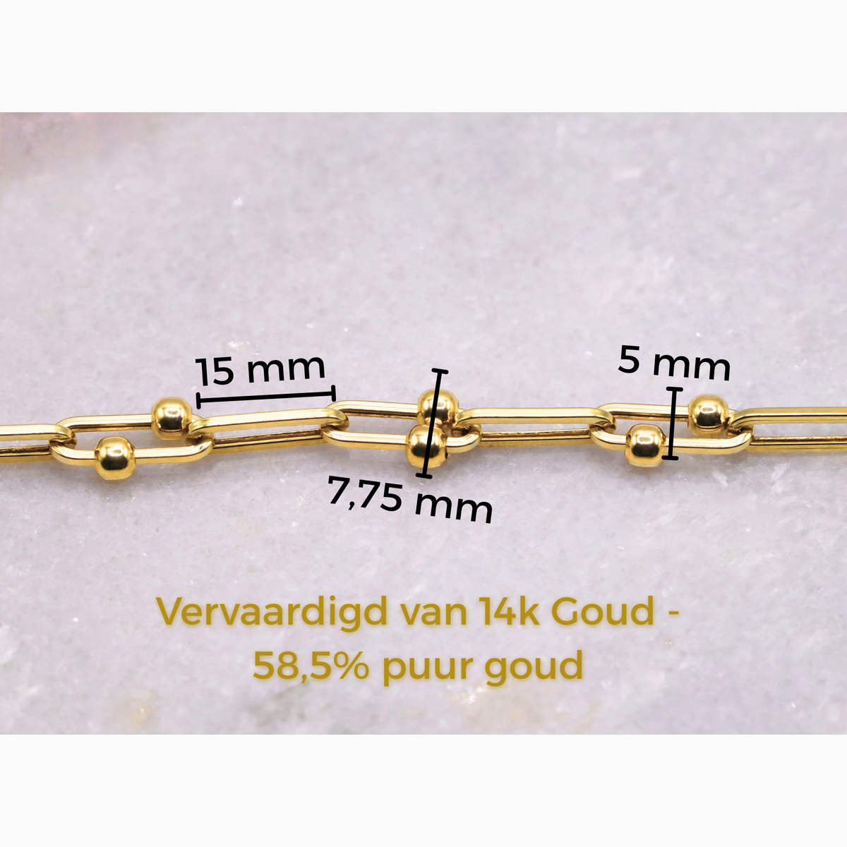 Bolletjes schakelketting 5 mm 14k goud, specificaties en maatvoering, vervaardigd van 14k goud