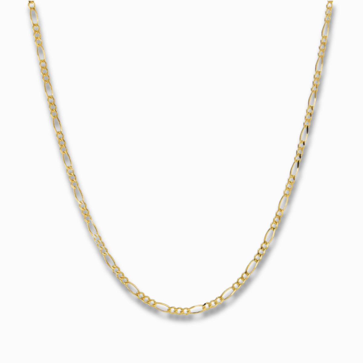 Figaro schakelketting 2 mm 14k goud, hangend op witte achtergrond