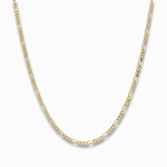Figaro schakelketting 2 mm 14k goud, hangend op witte achtergrond