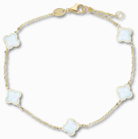 Klaver armband parelmoer detail 1 mm 14k goud, productfoto in lus, sluiting bovenaan