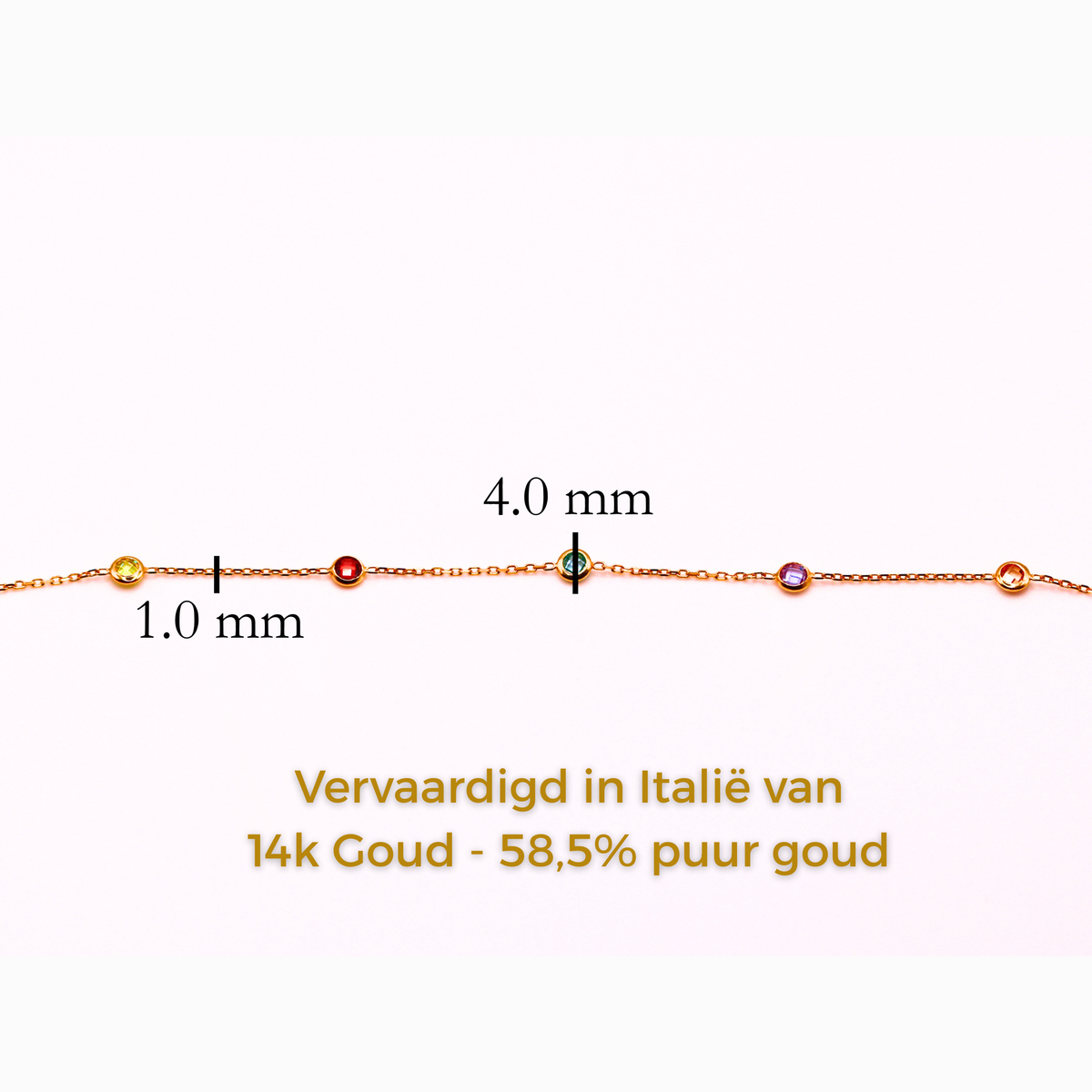 Multicolor armband kristallen 1 mm 14k goud, specificaties en maatvoering, vervaardigd in Italië van 14k goud