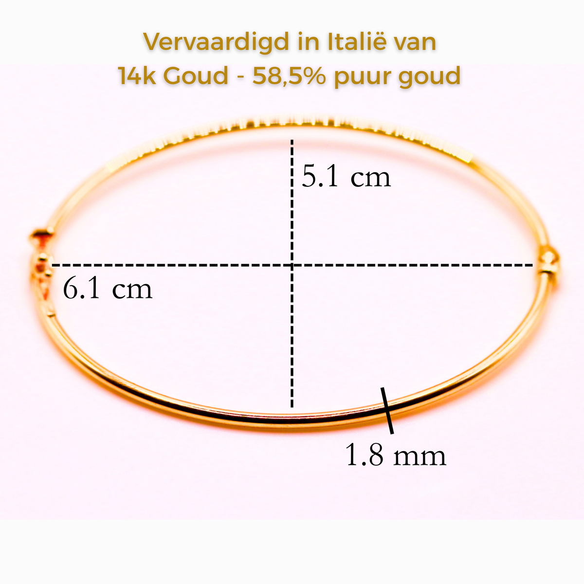 Bangle armband 1,8 mm 14k goud, maatvoering en dikte 1,8 mm