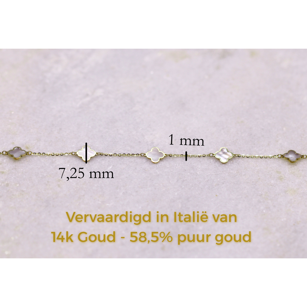 Klaver Parelmoer Ketting 1 mm 14k goud, specificaties en maatvoering, vervaardigd in Italië van 14k goud