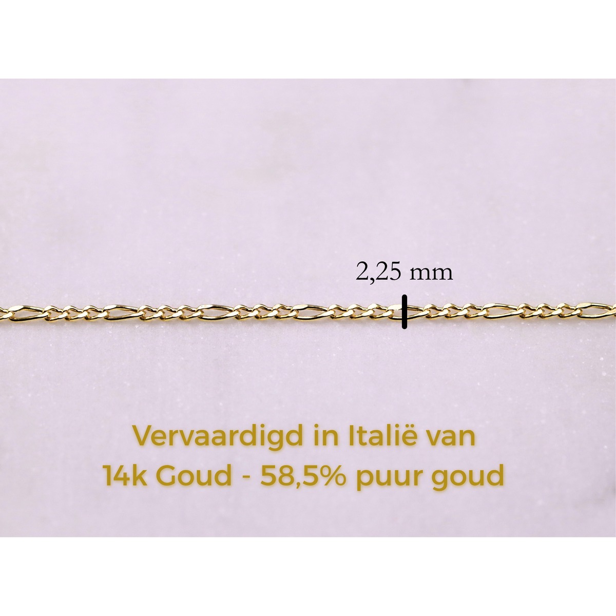 Figaro schakelketting 2 mm 14k goud, specificaties en maatvoering, vervaardigd in Italië van 14k goud