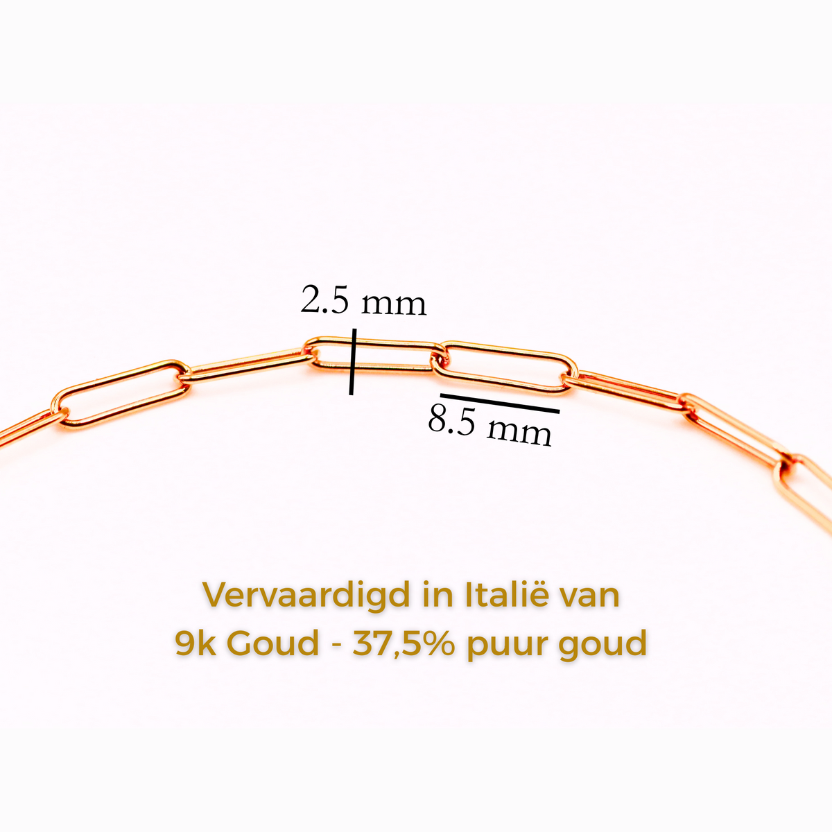 Paperclip armband 2,5 mm 9k goud, specificaties en maatvoering, vervaardigd in Italië van 9k goud