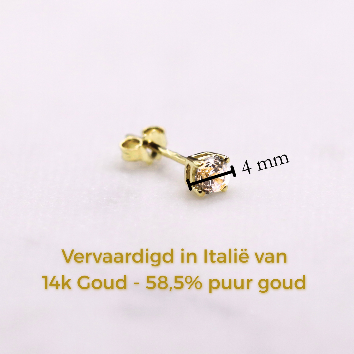 Solitaire oorstekers zirkonia 14k goud, specificaties en maatvoering, vervaardigd in Italië van 14k goud
