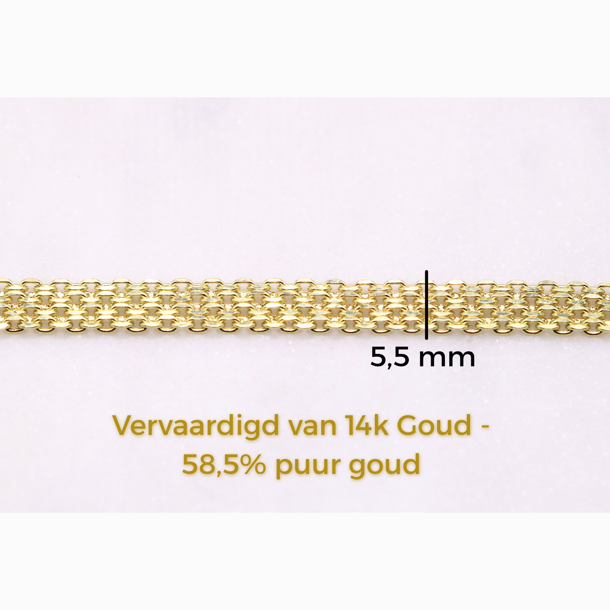 Bismarck ketting 5,5 mm 14k goud, specificaties en maatvoering, vervaardigd van 14k goud