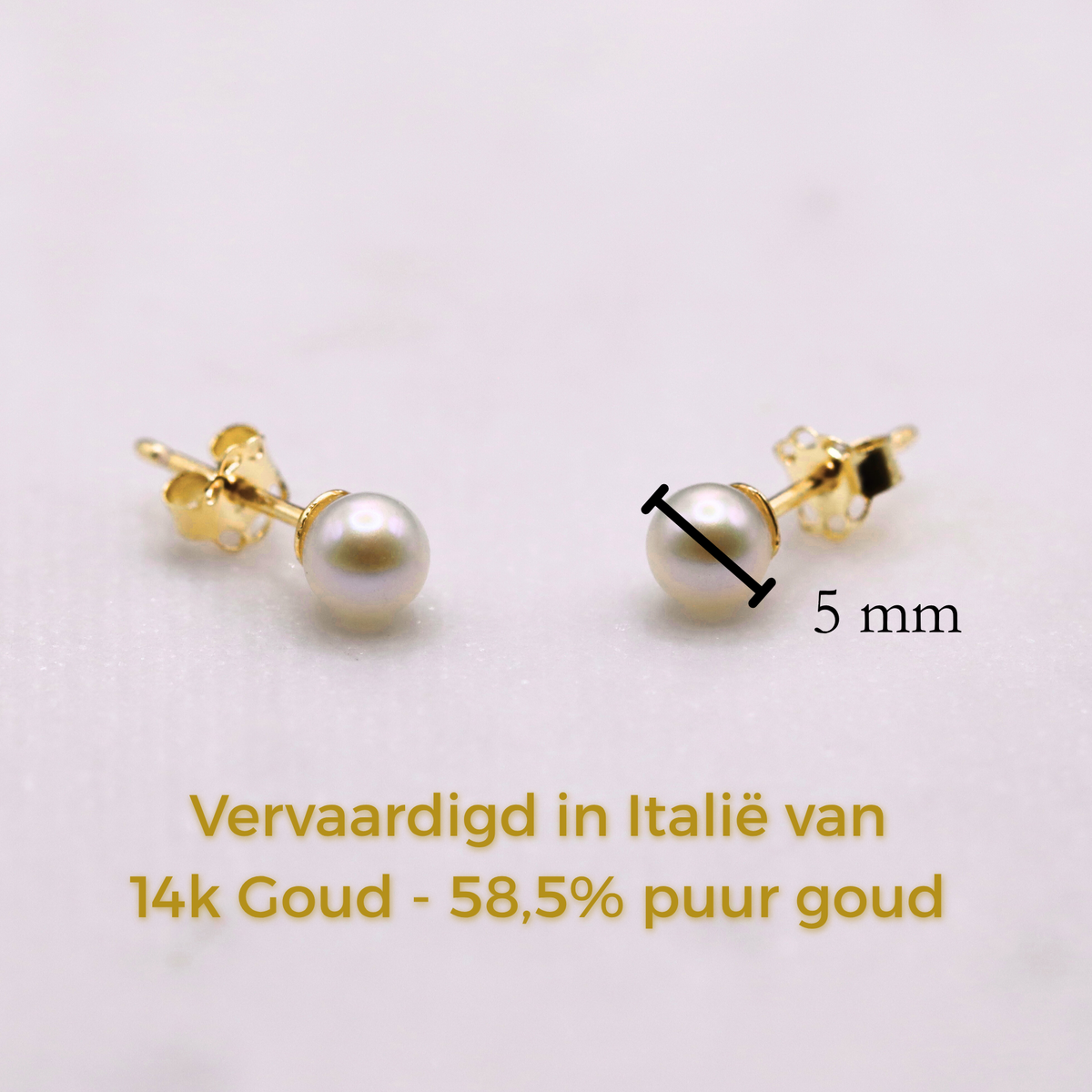 Parel oorstekers 5 mm 14k goud, specificaties en maatvoering, vervaardigd in Italië van 14k goud