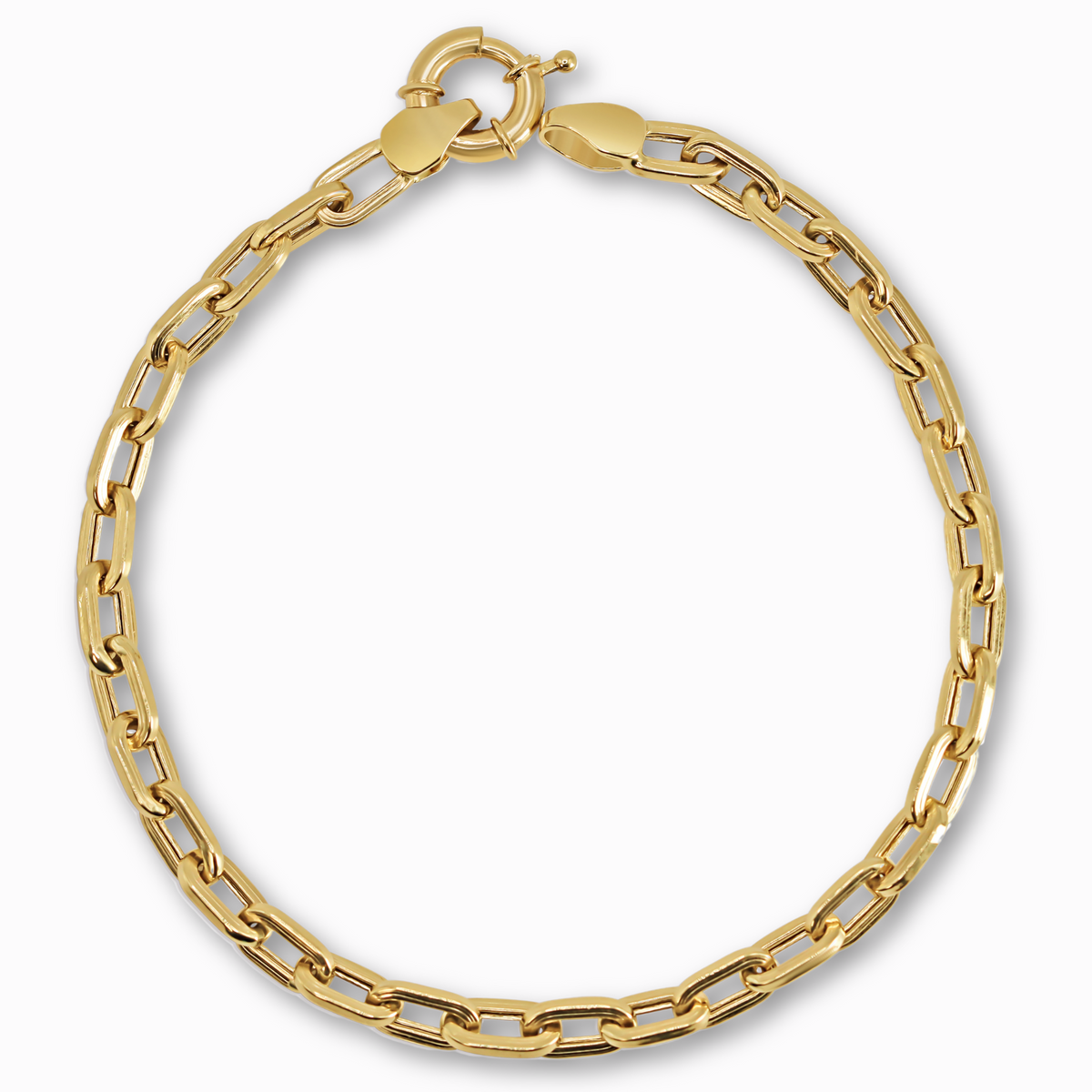 Link Chain Schakelarmband 4,5 mm 14k goud, productfoto in lus, sluiting bovenaan