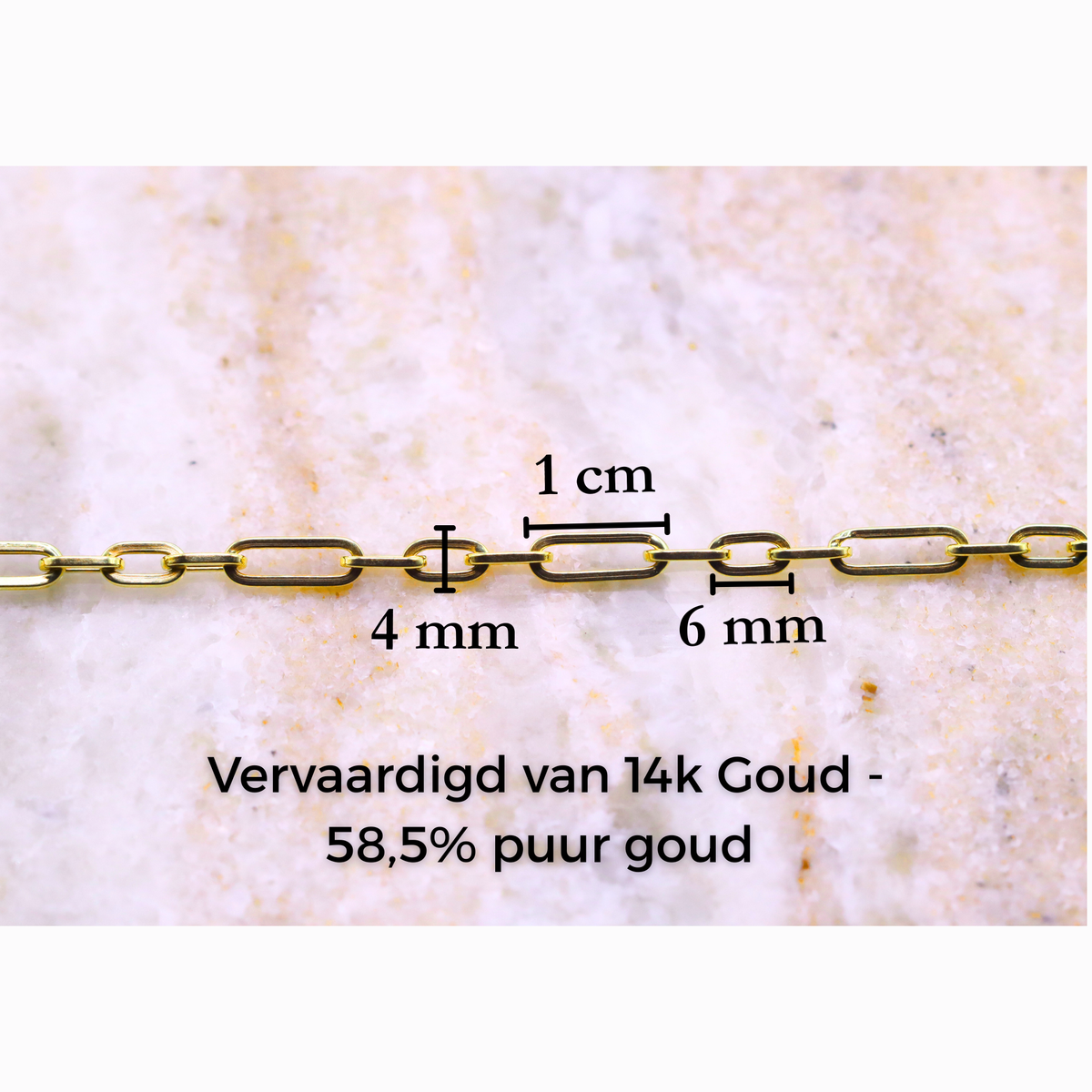 Paperclip armband classic 4 mm 14k goud, specificaties en maatvoering, vervaardigd van 14k goud