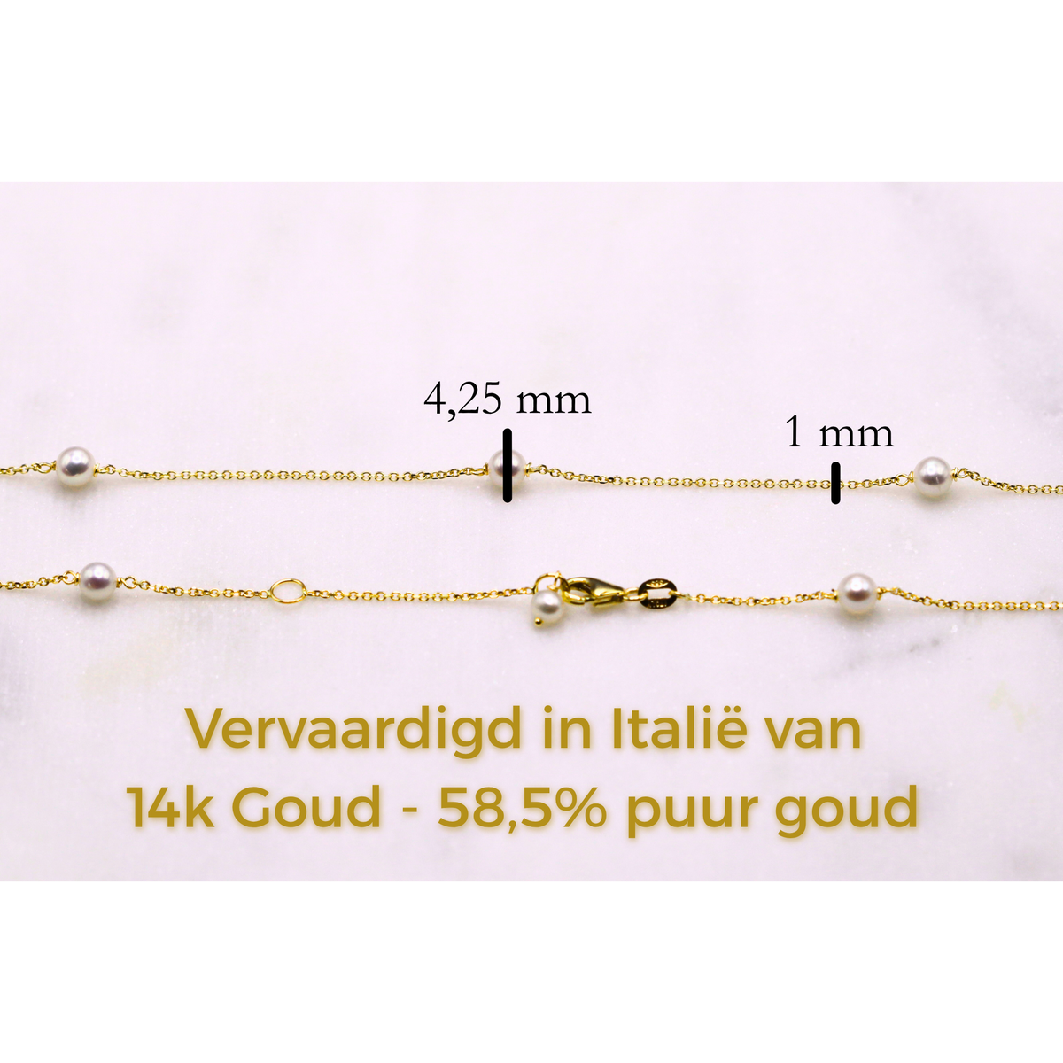 Parel ketting 14k goud, specificaties en maatvoering, vervaardigd in Italië van 14k goud