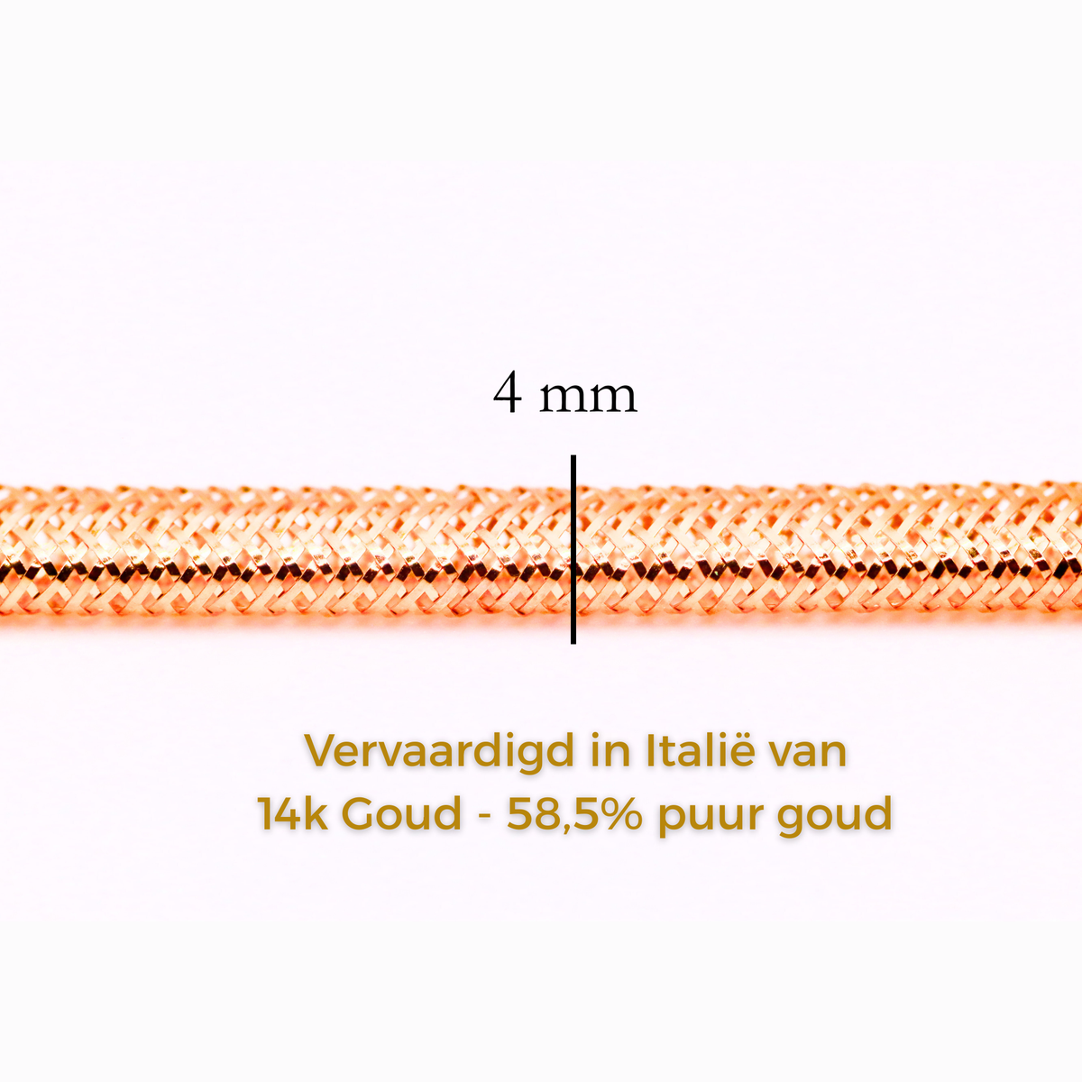 Gevlochten Armband 4 mm 14k goud, specificaties en maatvoering, vervaardigd in Italië van 14k goud