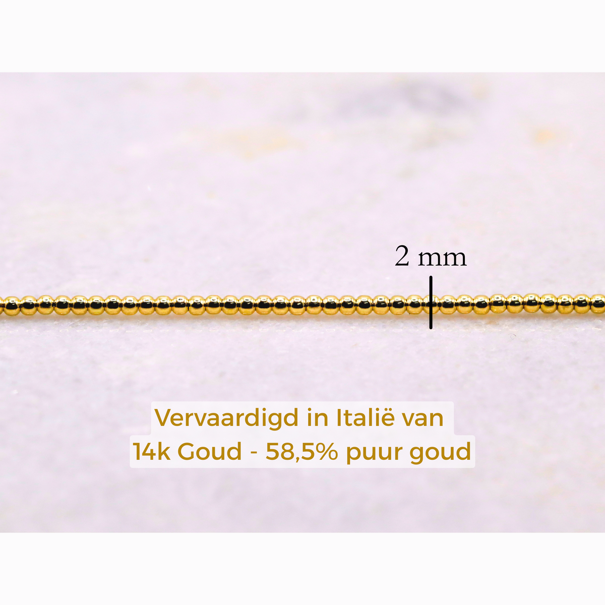 Bolletjes armband 2 mm 14k goud, specificaties en maatvoering, vervaardigd in Italië van 14k goud