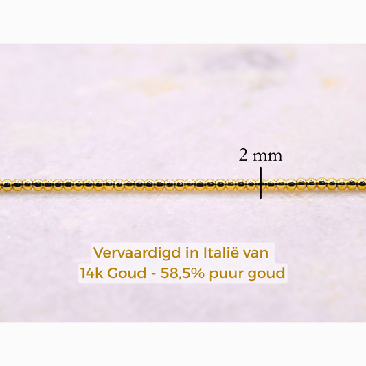 Bolletjes armband 2 mm 14k goud, specificaties en maatvoering, vervaardigd in Italië van 14k goud