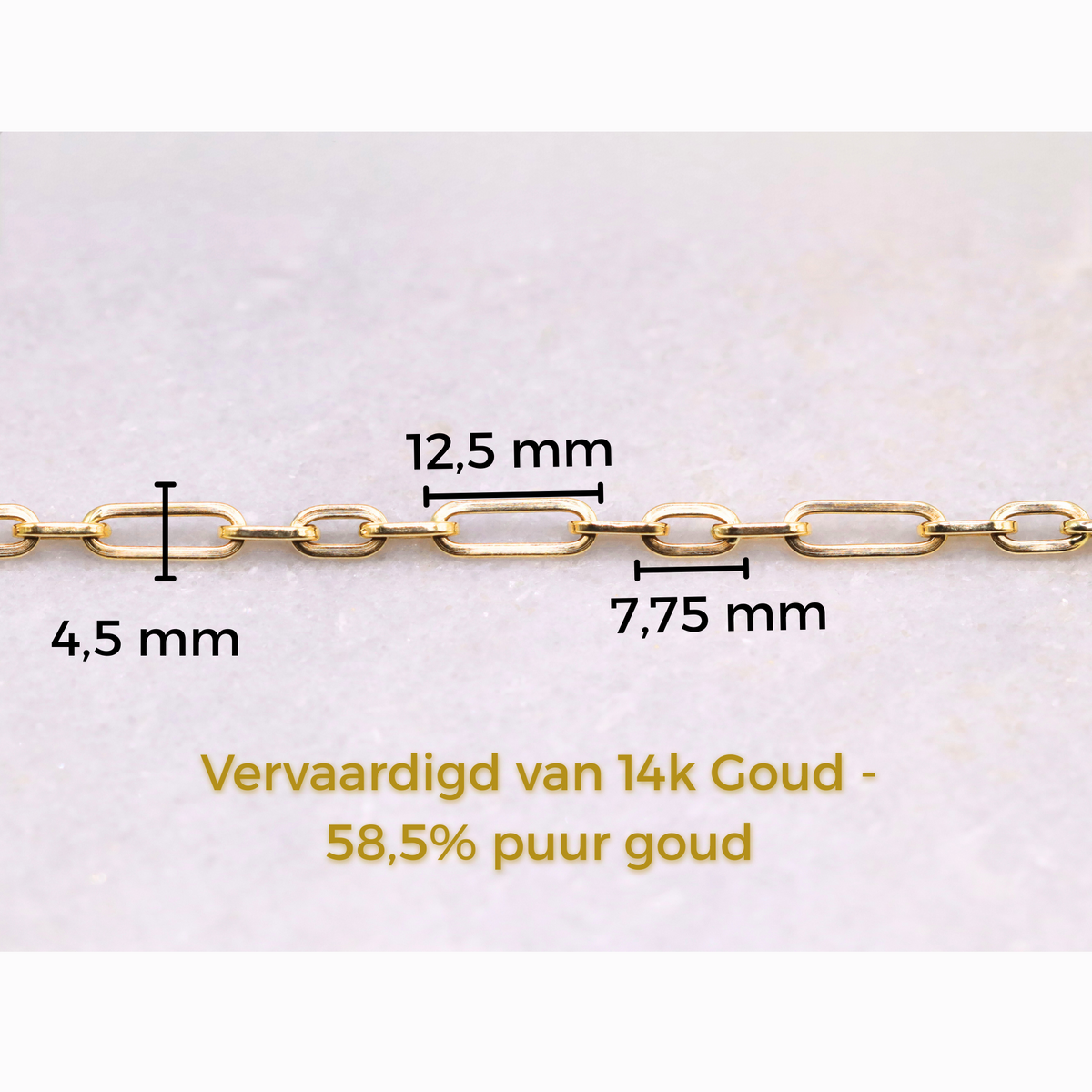 Paperclip ketting 4,5 mm 14k goud, specificaties en maatvoering, vervaardigd van 14k goud