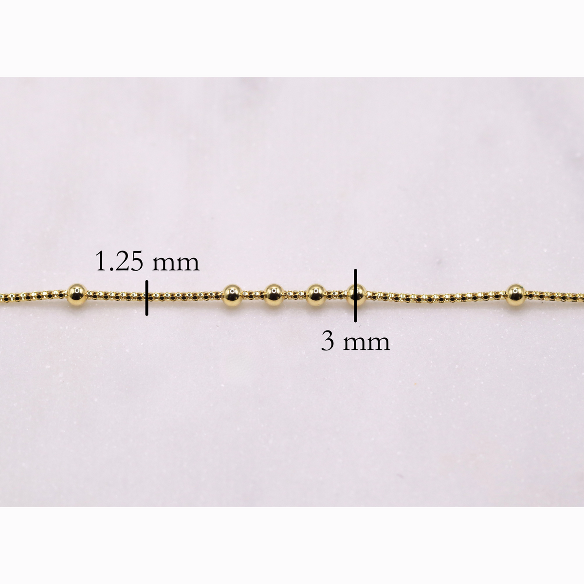Bolletjes station ketting 3 mm 14k goud, specificaties en maatvoering, vervaardigd van 14k goud