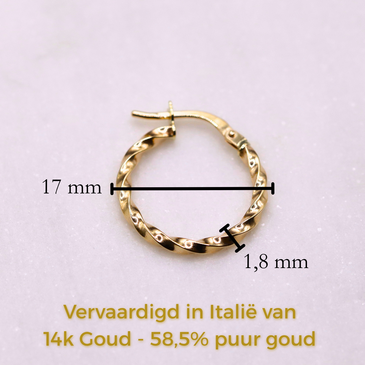 Gedraaide vlechtcreolen 17 mm 14k goud, specificaties en maatvoering, vervaardigd in Italië van 14k goud
