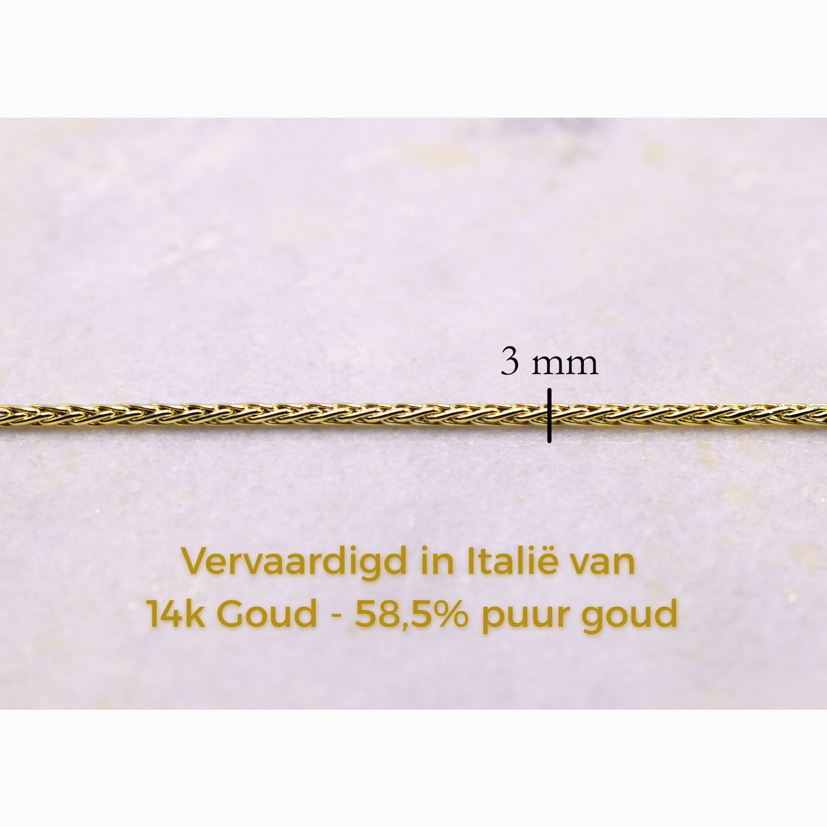 Gevlochten Vossenstaart armband 3 mm 14k goud, specificaties en maatvoering, vervaardigd in Italië van 14k goud