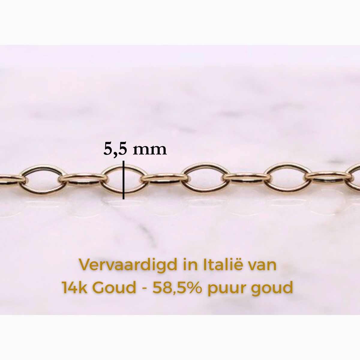 Ovale schakelarmband 5,5 mm 14k goud, specificaties en maatvoering, vervaardigd in Italië van 14k goud