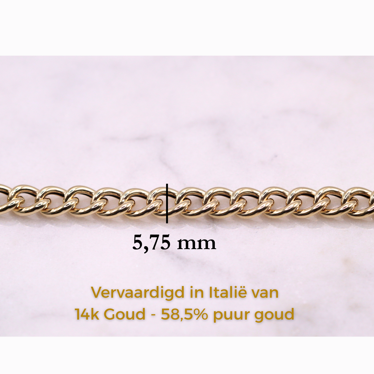 Gourmet armband statement 5,75 mm 14k goud, specificaties en maatvoering, vervaardigd in Italië van 14k goud