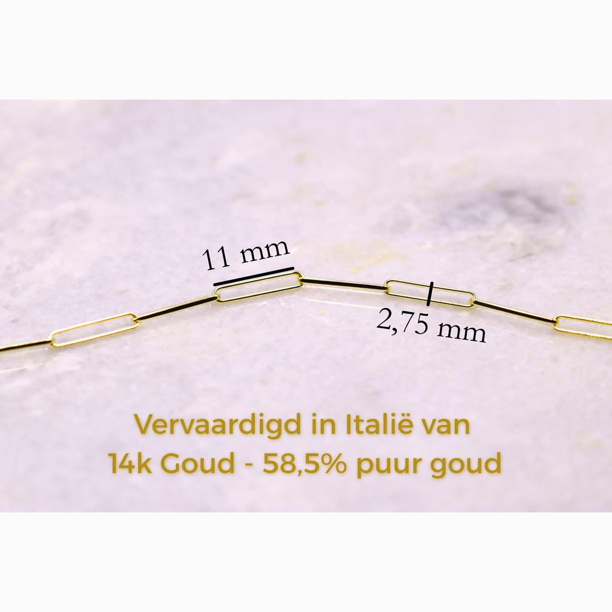 Paperclip armband 2,75 mm 14k goud, specificaties en maatvoering, vervaardigd in Italië van 14k goud