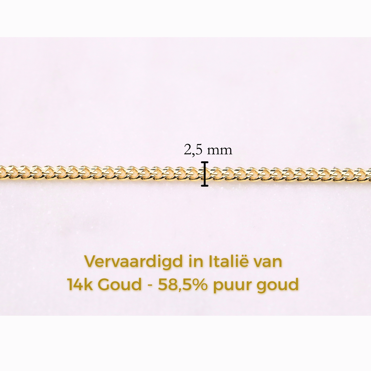 Gourmet ketting 2,5 mm 14k goud, specificaties en maatvoering, vervaardigd van 14k goud