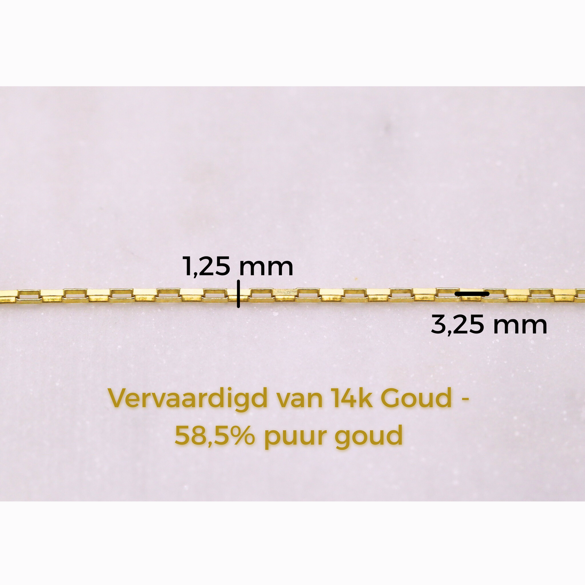 Boxketting 1,25 mm 14k goud, specificaties en maatvoering, vervaardigd van 14k goud