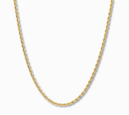 Rope Ketting 2,5 mm 14k goud, hangend op witte achtergrond